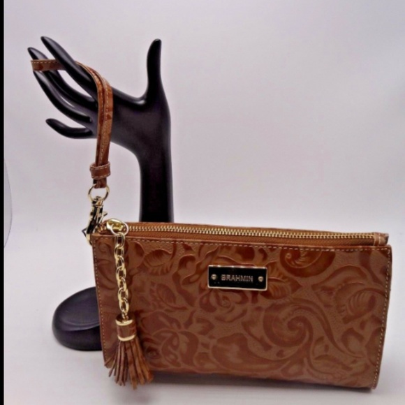 Brahmain Handbags - Brahmin Floral Zip WristletCamel Embossed Leather
